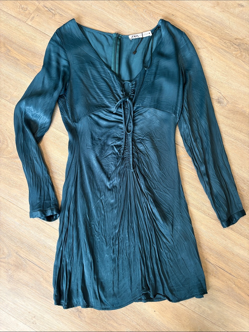 Zara Teal Long-Sleeve Ruched V-Neck Mini Dress